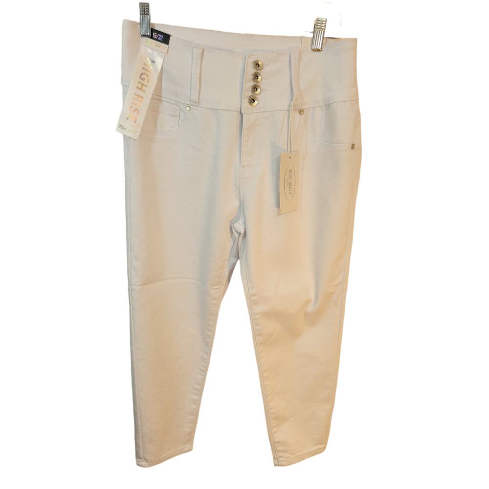 NEW High Rise‎ Jeans 4 button Blue Savvy White Straight Leg Ankle Size 15 / 32